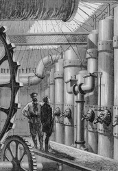 Kaptajn Nemo inde i undervandsbåden Nautilus, fra «En verdensomsejling under havet» af Jules Verne (1828-1905), graveret af Henri Théophile Hildibrand (1824-97), 1877